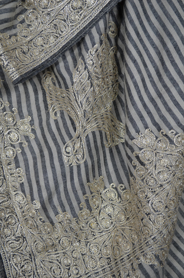 Black & White Striped Tilla Embroidery Pashmina Shawl
