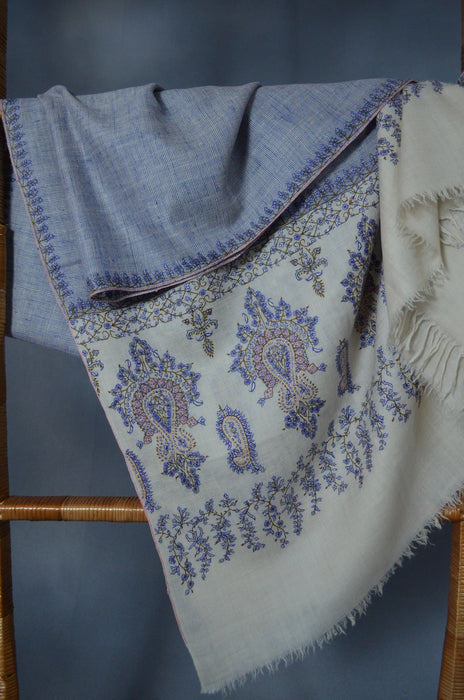 Blue and Ivory Khadi Border Embroidery Cashmere Pashmina Shawl