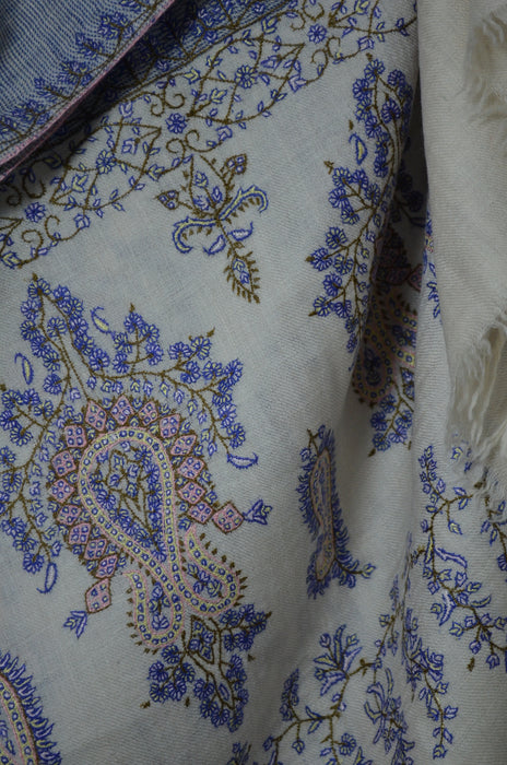 Blue and Ivory Khadi Border Embroidery Cashmere Pashmina Shawl