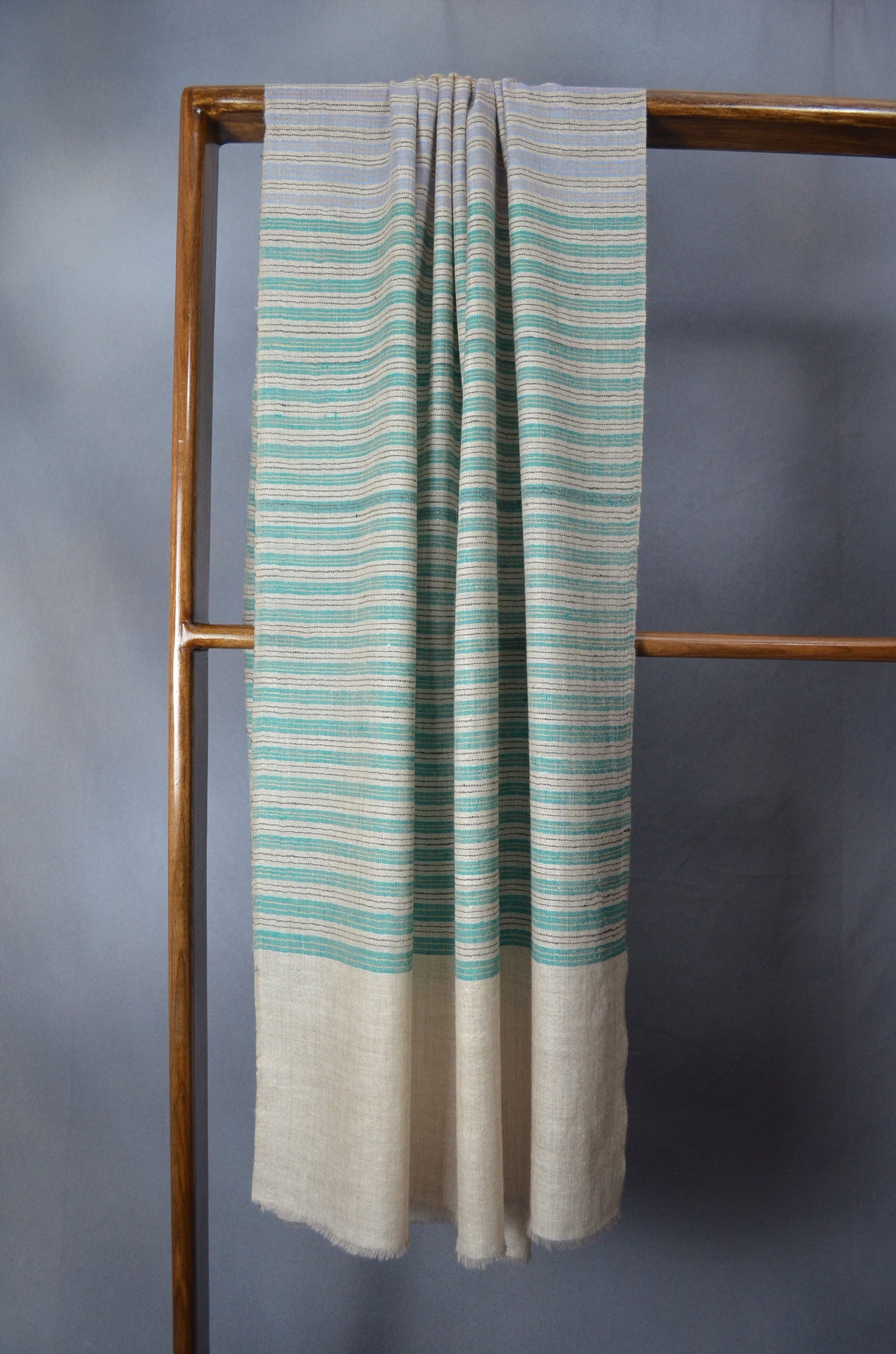 Green Stripes Natural Base Handwoven Cashmere Pashmina Scarf