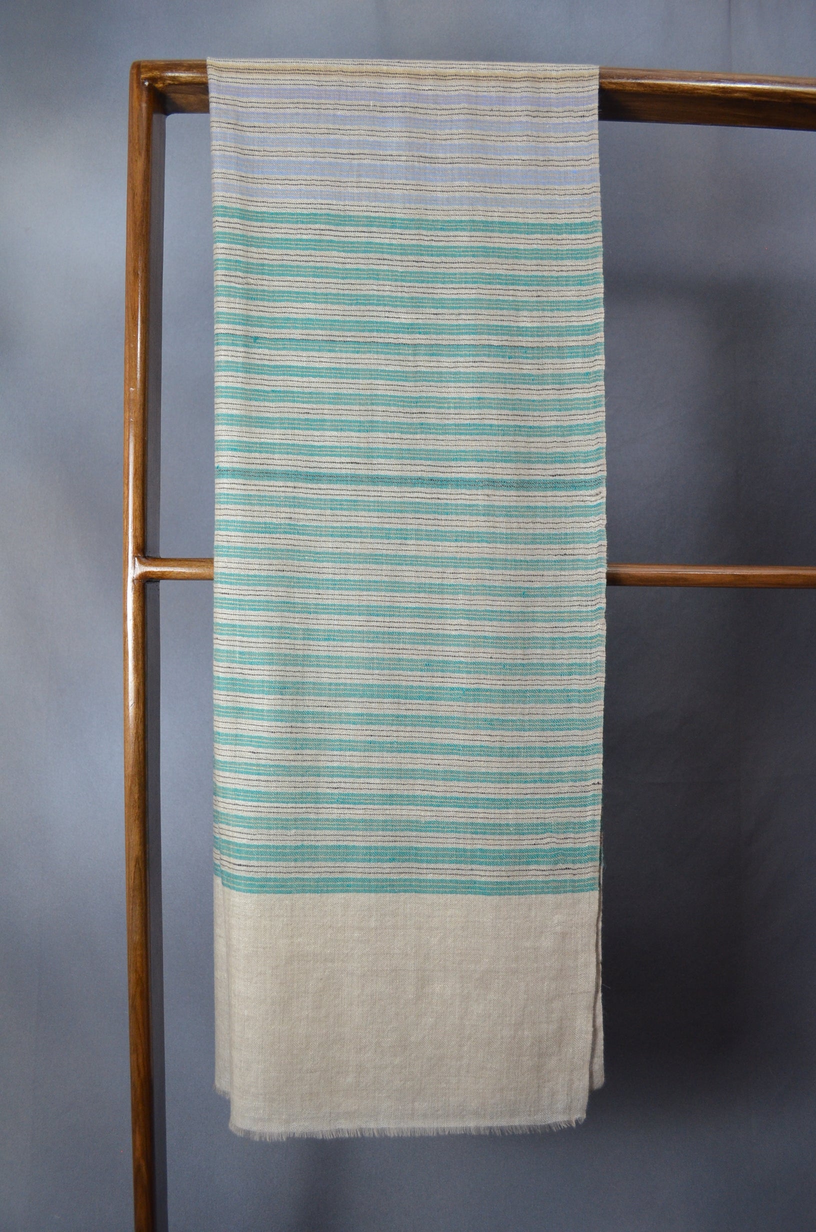 Green Stripes Natural Base Handwoven Cashmere Pashmina Scarf