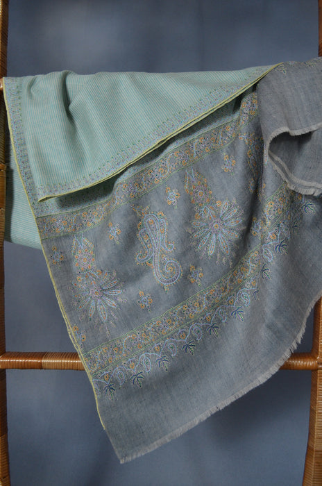 Green and Ivory Khadi Border Embroidery Cashmere Pashmina Shawl