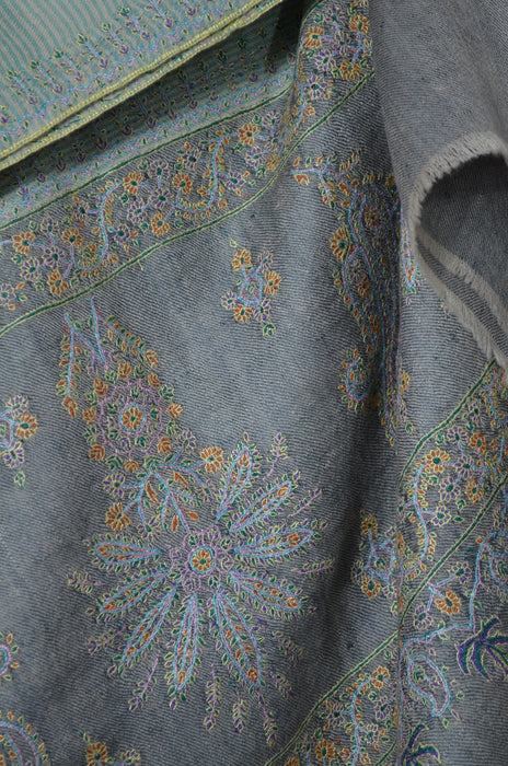 Green and Ivory Khadi Border Embroidery Cashmere Pashmina Shawl