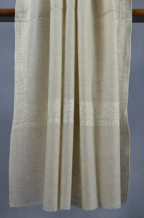 Un Dyed White Border Embroidery Cashmere Pashmina Shawl