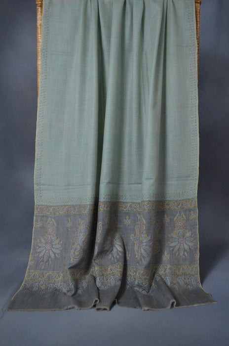 Green and Ivory Khadi Border Embroidery Cashmere Pashmina Shawl