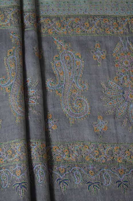 Green and Ivory Khadi Border Embroidery Cashmere Pashmina Shawl