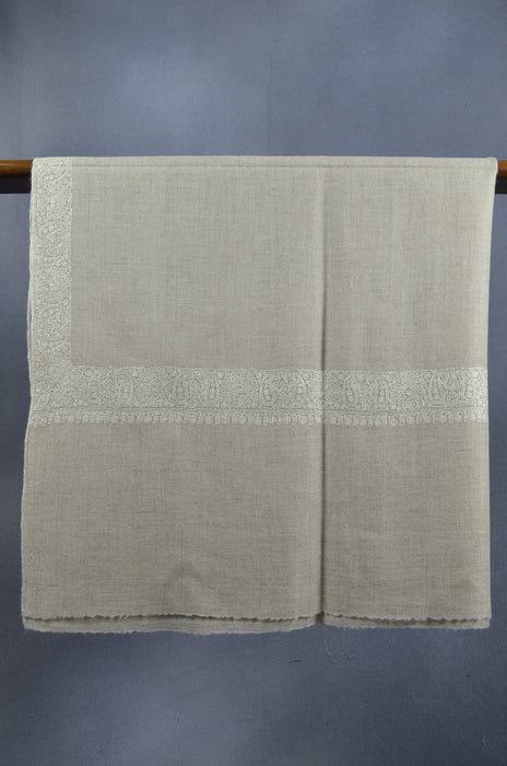 Un Dyed White Border Embroidery Cashmere Pashmina Shawl