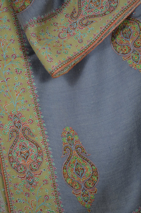 Blue Big Border Embroidery Cashmere Pashmina Shawl