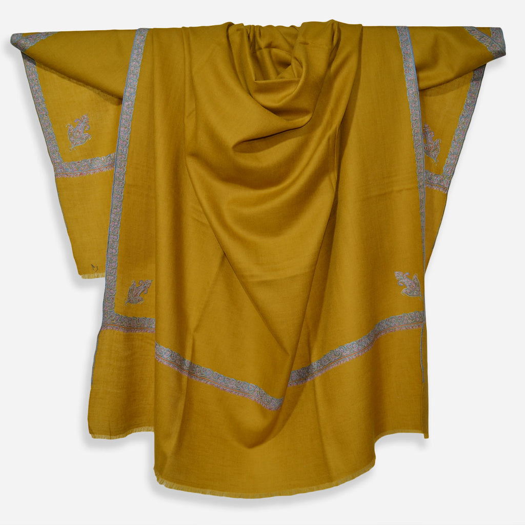 Mustard Sozni Border Embroidery Cashmere Pashmina Shawl