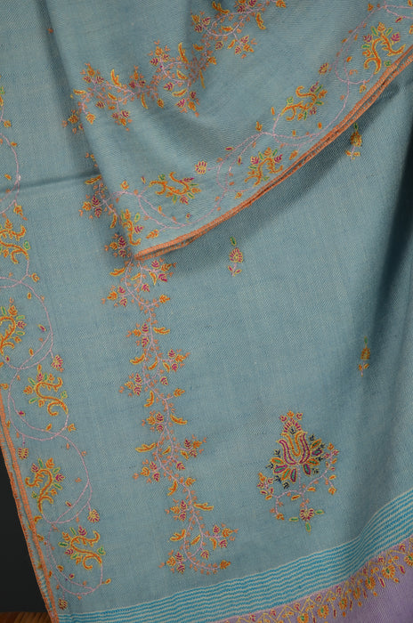 Blue Border Embroidery Cashmere Pashmina Shawl with Motifs