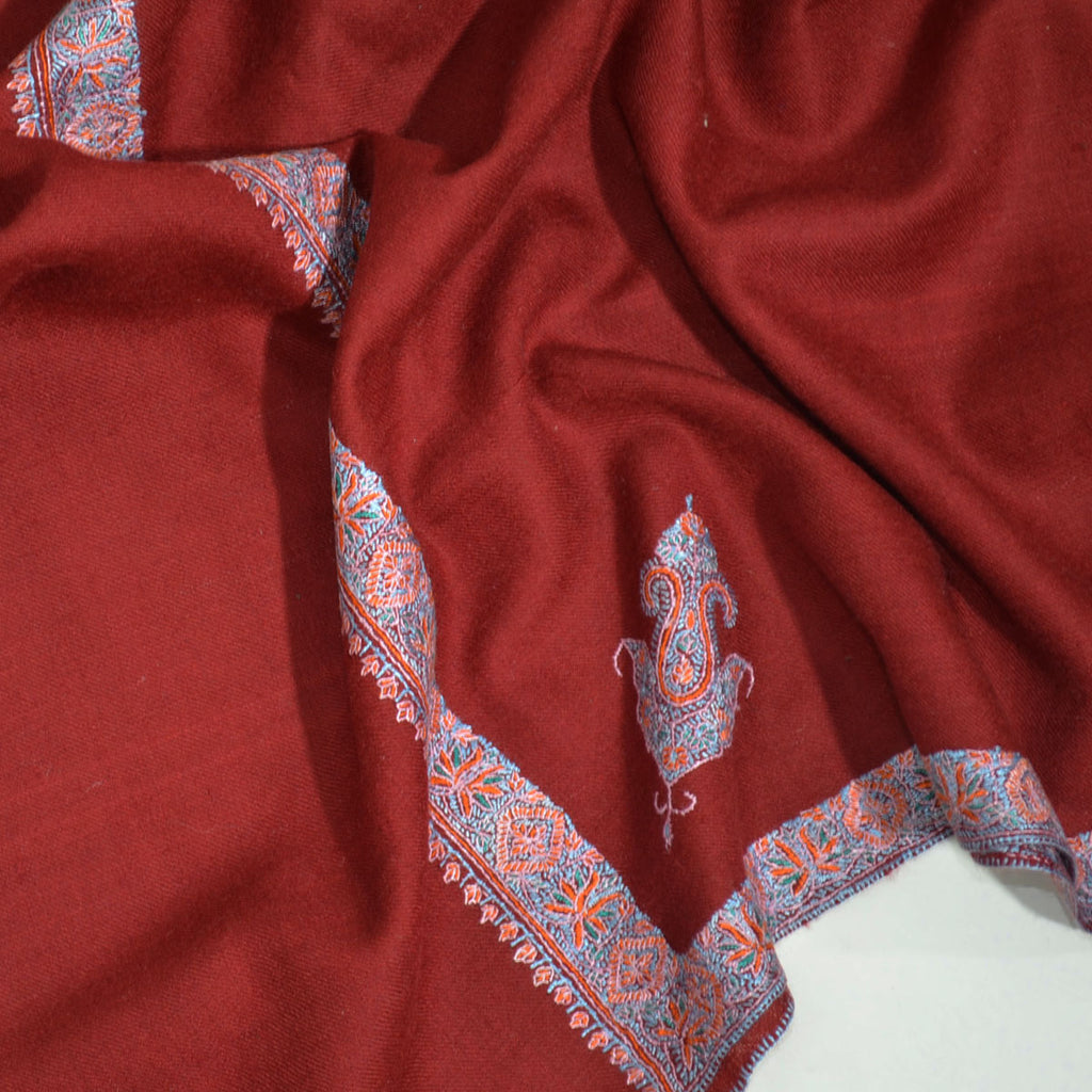 Maroon Sozni Border Embroidery Cashmere Pashmina Shawl