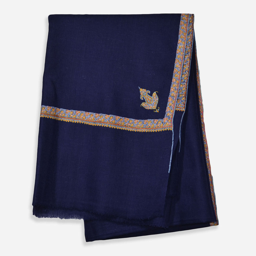 Navy Blue Sozni Border Embroidery Cashmere Pashmina Shawl