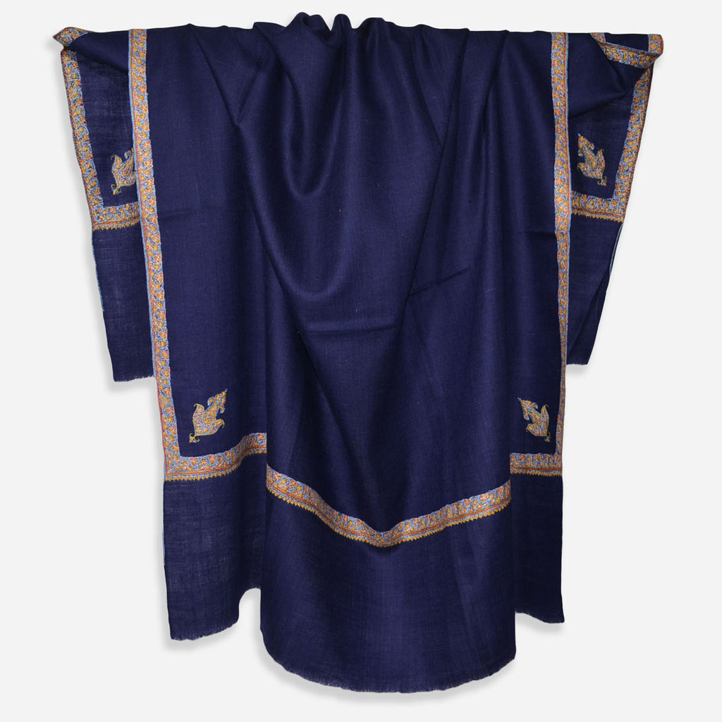 Navy Blue Sozni Border Embroidery Cashmere Pashmina Shawl