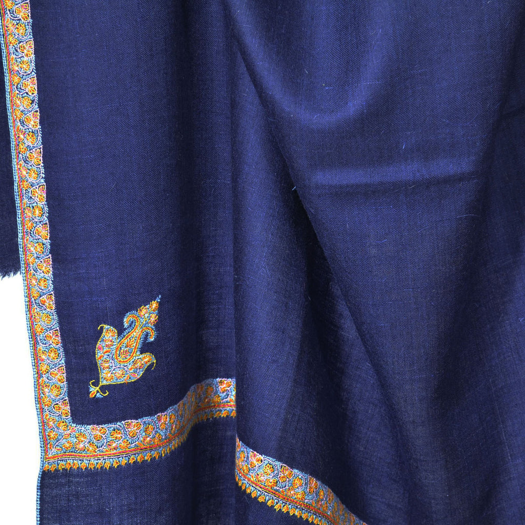 Navy Blue Sozni Border Embroidery Cashmere Pashmina Shawl