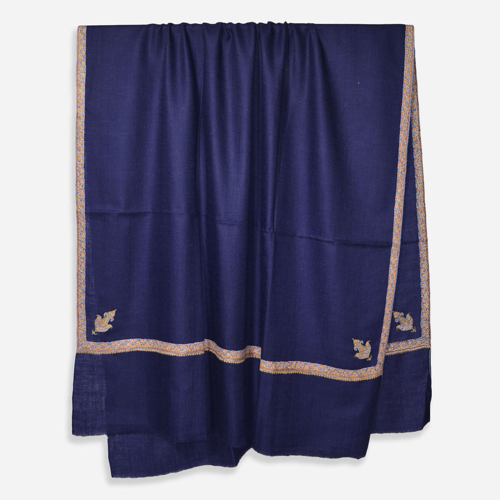 Navy Blue Sozni Border Embroidery Cashmere Pashmina Shawl