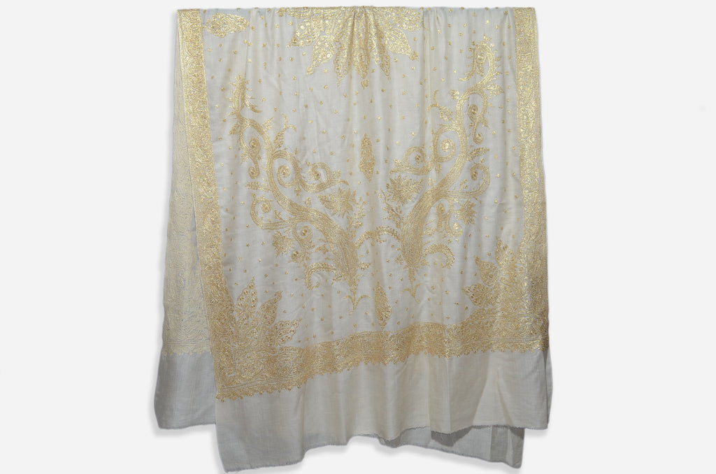 Ivory Base Gold Tilla Work Pashmina Shawl
