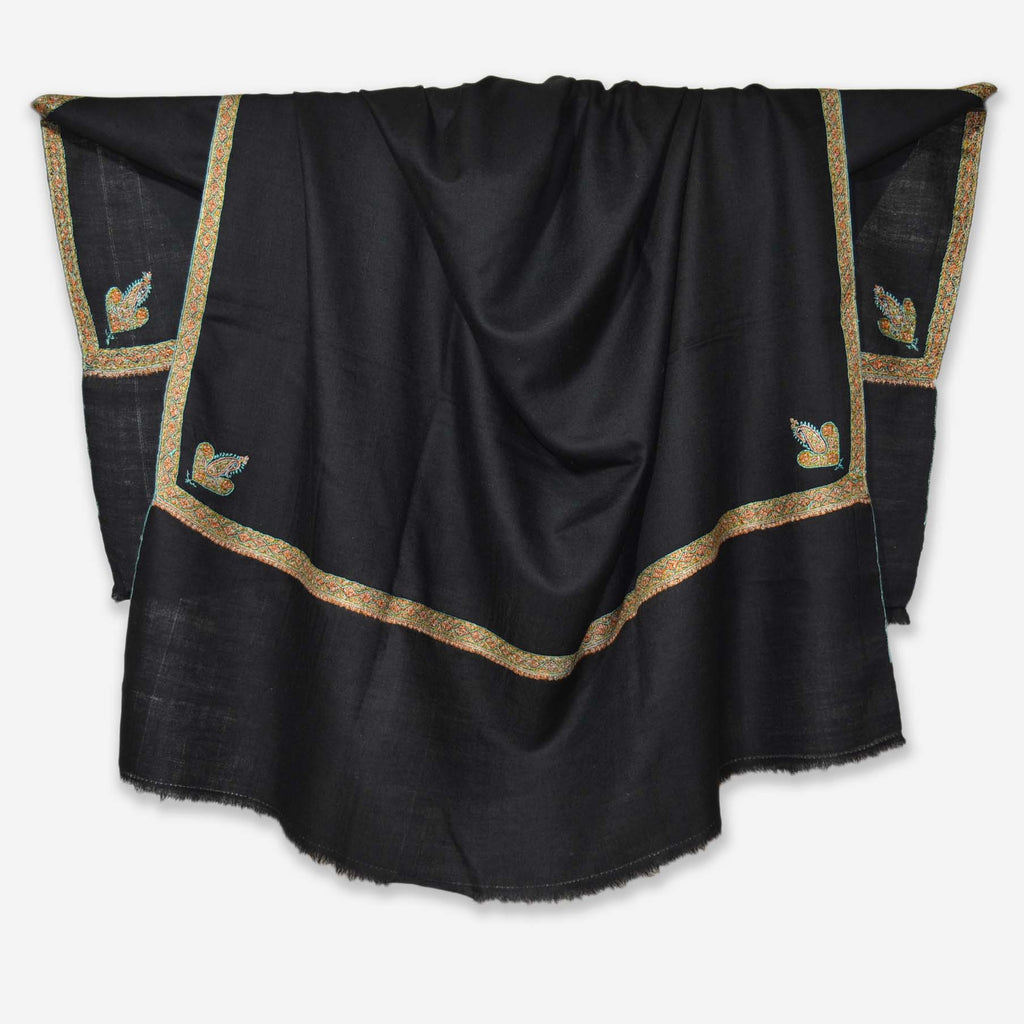 Black Sozni Border Embroidery Cashmere Pashmina Shawl