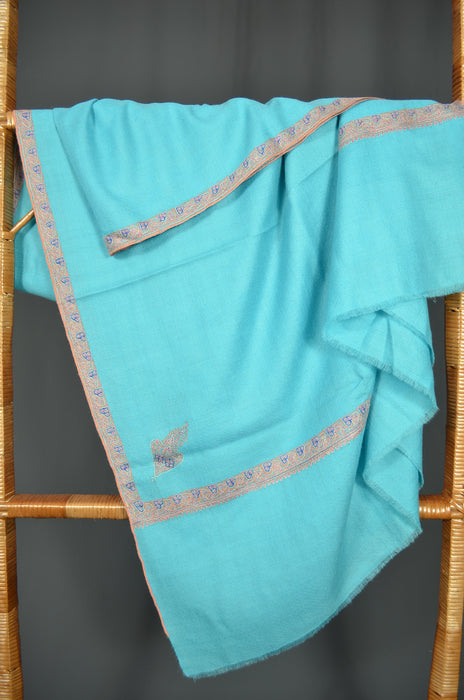 Light Blue Border Embroidery Cashmere Pashmina Shawl
