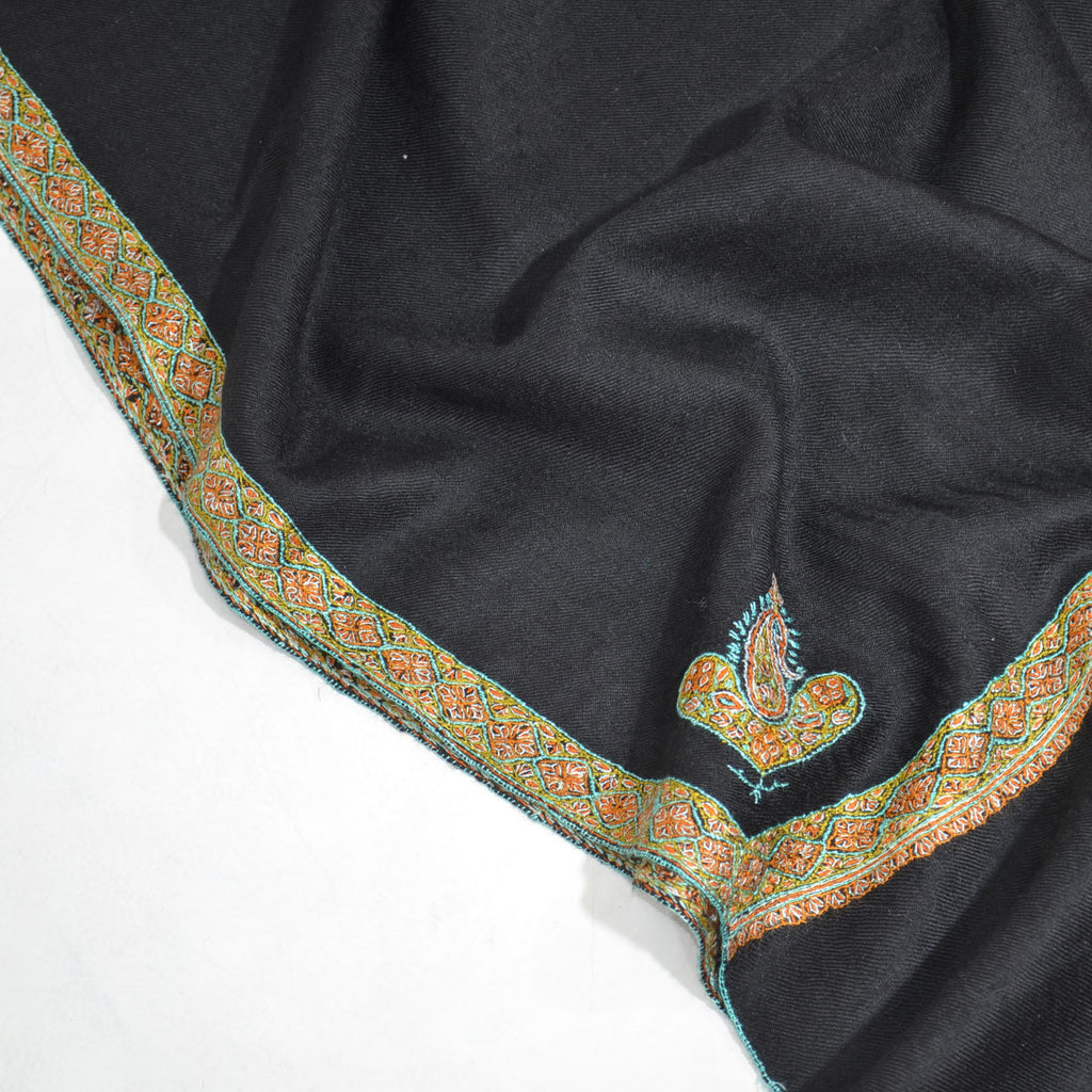 Black Sozni Border Embroidery Cashmere Pashmina Shawl