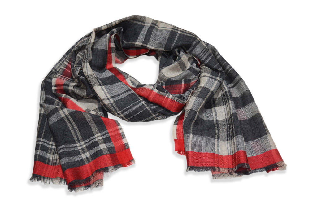 Shades of Grey Check Merino & Silk Scarf with Red Border