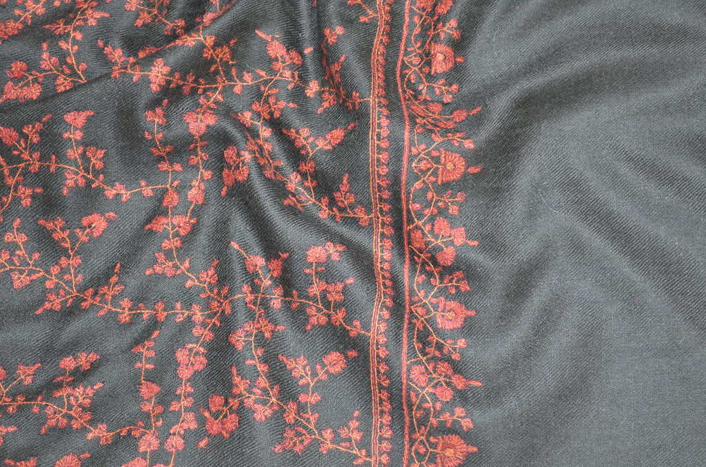 Black Cashmere Scarf with Maroon Sozni Embroidery