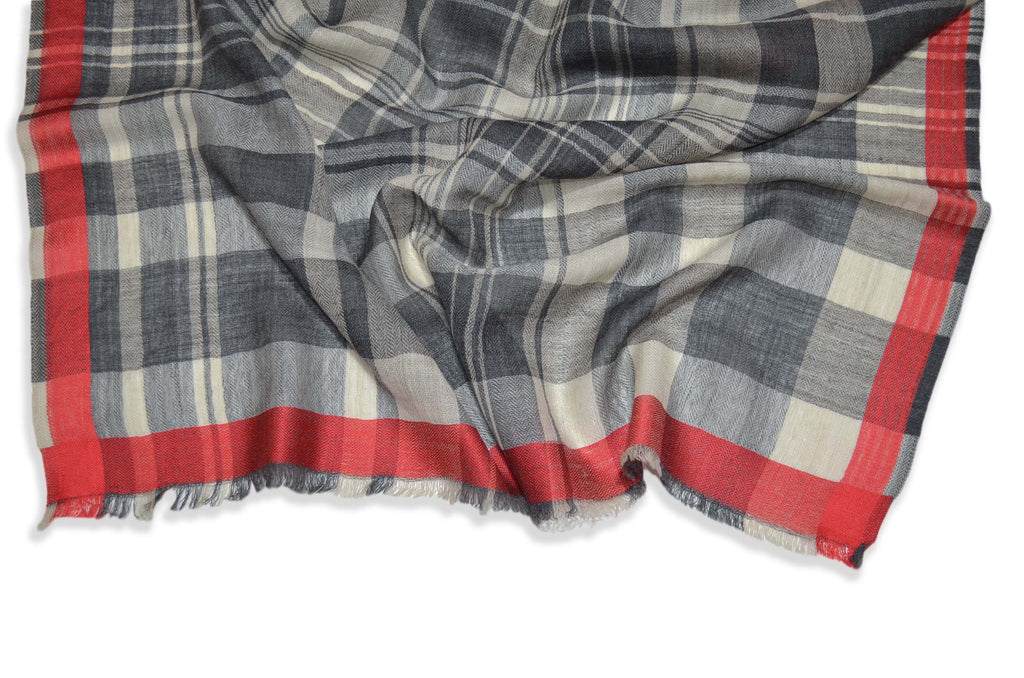 Shades of Grey Check Merino & Silk Scarf with Red Border