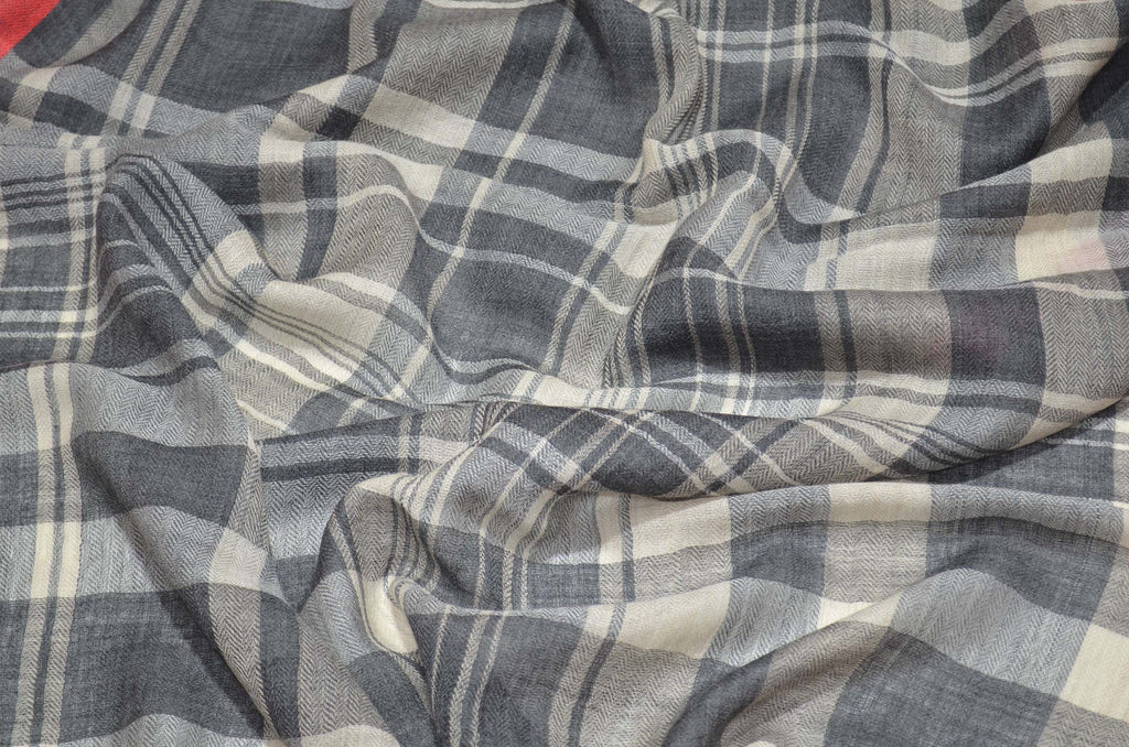 Shades of Grey Check Merino & Silk Scarf with Red Border