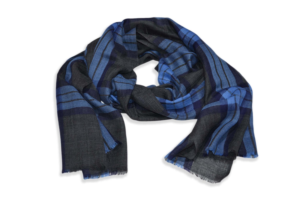 Charcoal Grey and Blue Check Merino & Silk Scarf