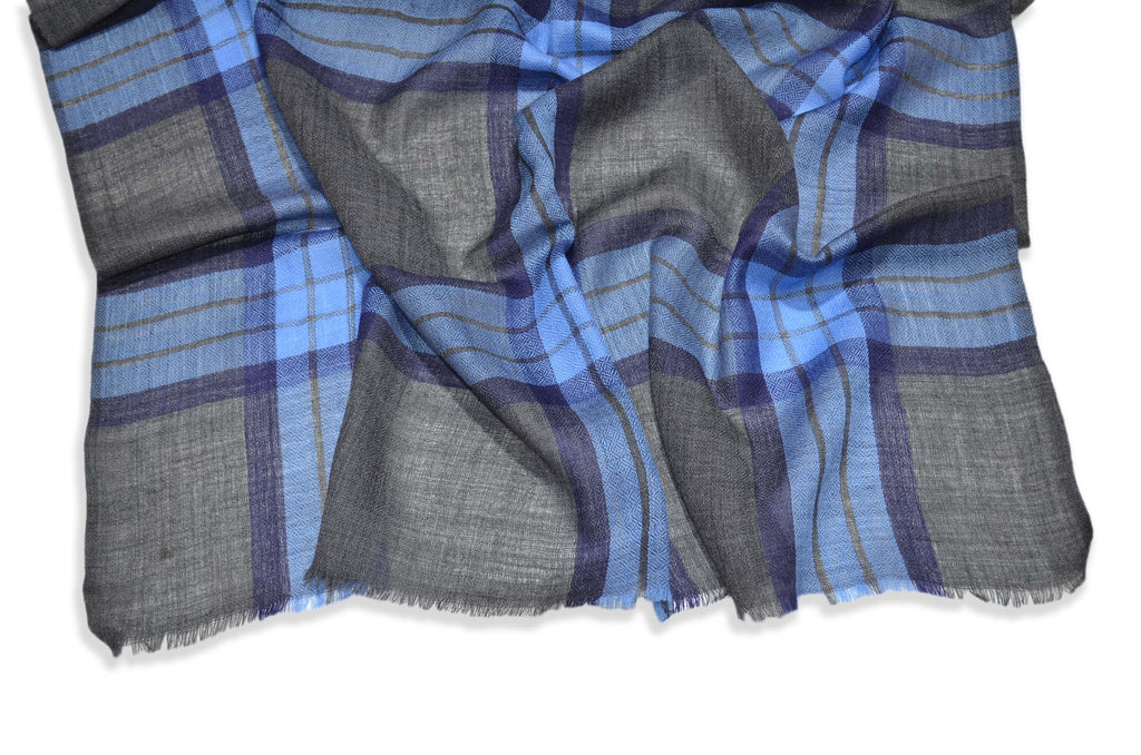 Charcoal Grey and Blue Check Merino & Silk Scarf