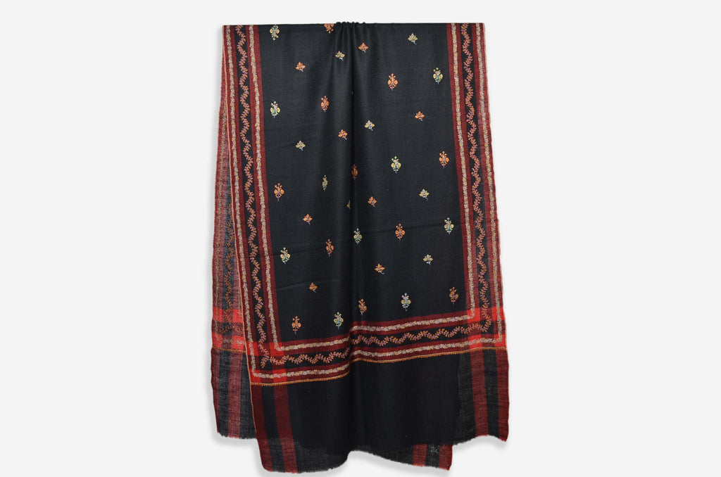 Designer Black Cashmere Scarf with Beautiful Motifs