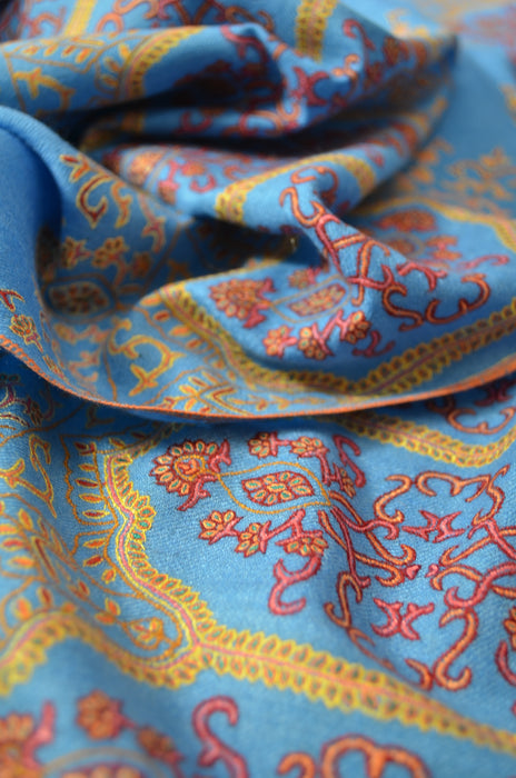 Blue Big Border Embroidery Cashmere Pashmina Shawl