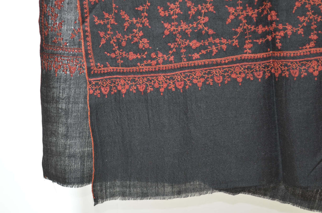 Black Cashmere Scarf with Maroon Sozni Embroidery