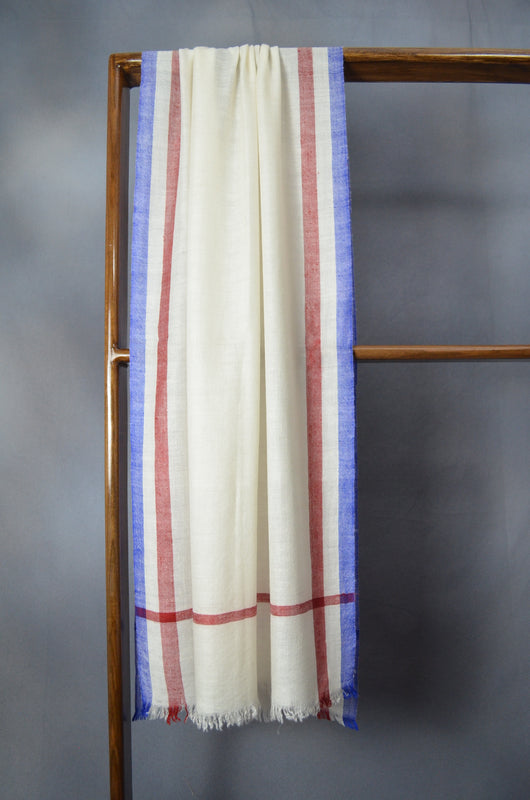 Blue and Red Border Handwoven Cashmere Pashmina Scarf
