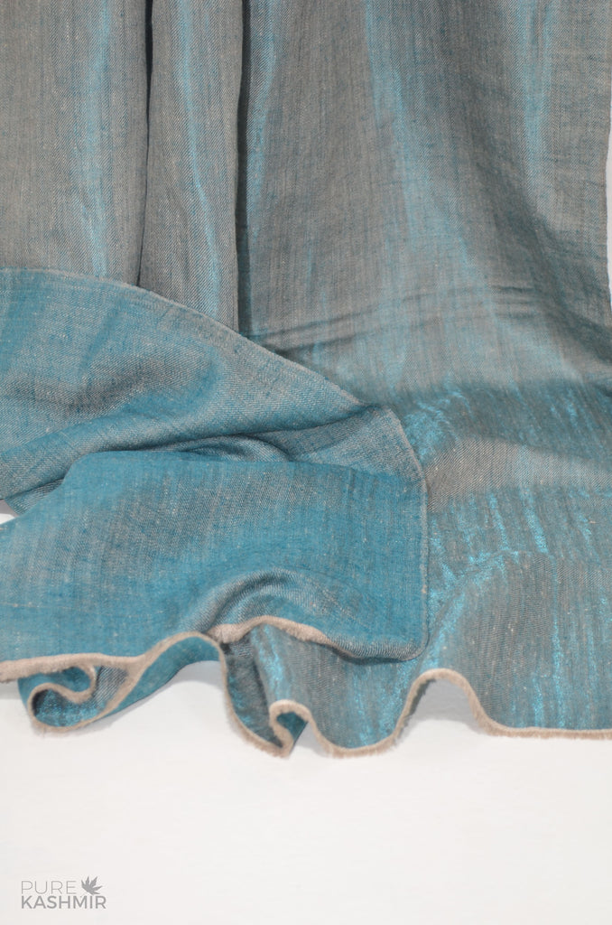 Reversible Green and Silver Zari Handwoven Cashmere Pashmina Shawl