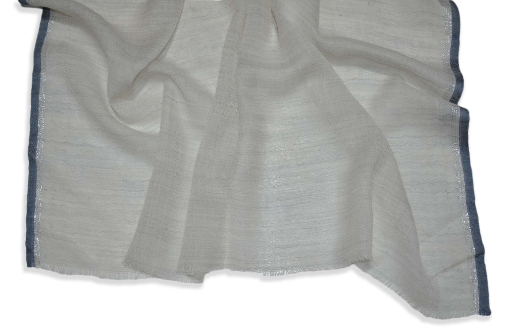 Natural Un Dyed Merino & Silk Scarf with Blue and Zari Border