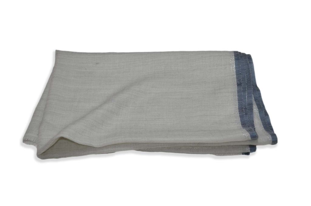 Natural Un Dyed Merino & Silk Scarf with Blue and Zari Border