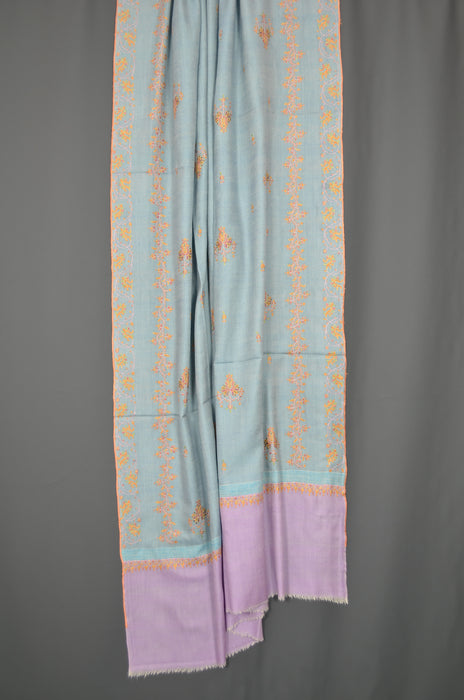 Blue Border Embroidery Cashmere Pashmina Shawl with Motifs