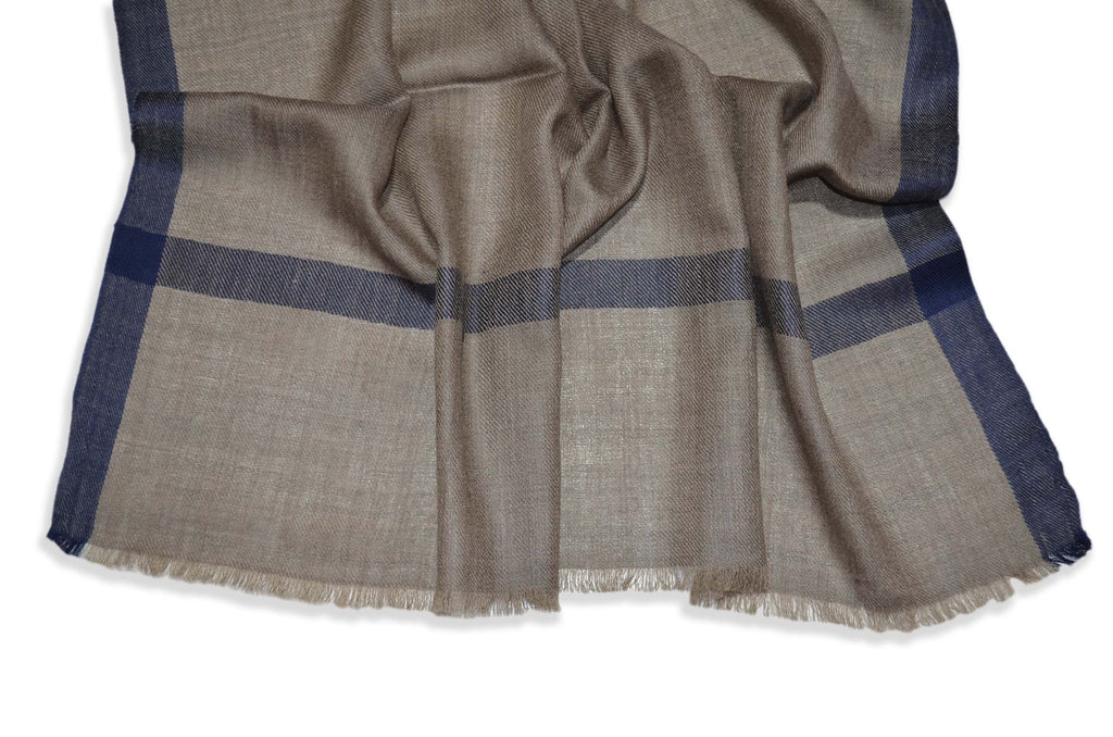 Natural Brown Merino & Silk Scarf with Navy Blue Border