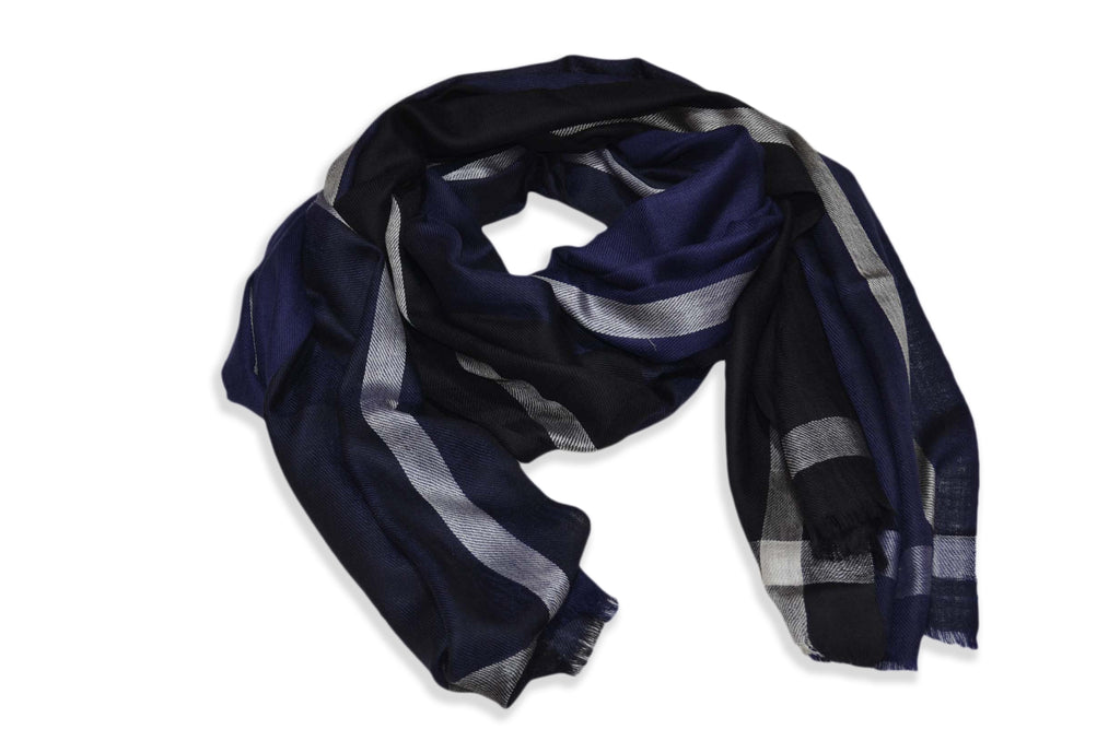 Four Shades Blue Black Silk Border Merino Scarf