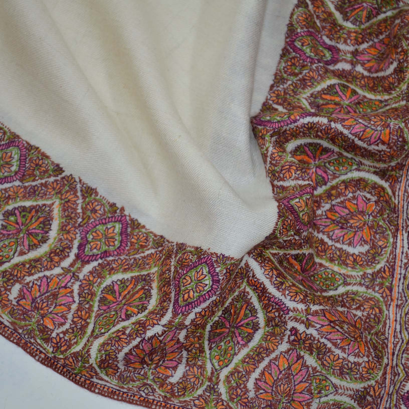 Ivory Sozni Big Border Embroidery Cashmere Pashmina Shawl
