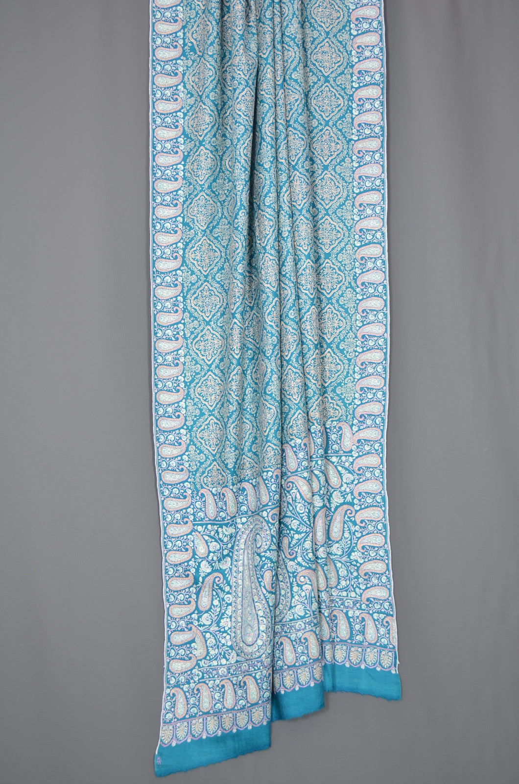 Aqua Green Jamawar Embroidery Pashmina Shawl