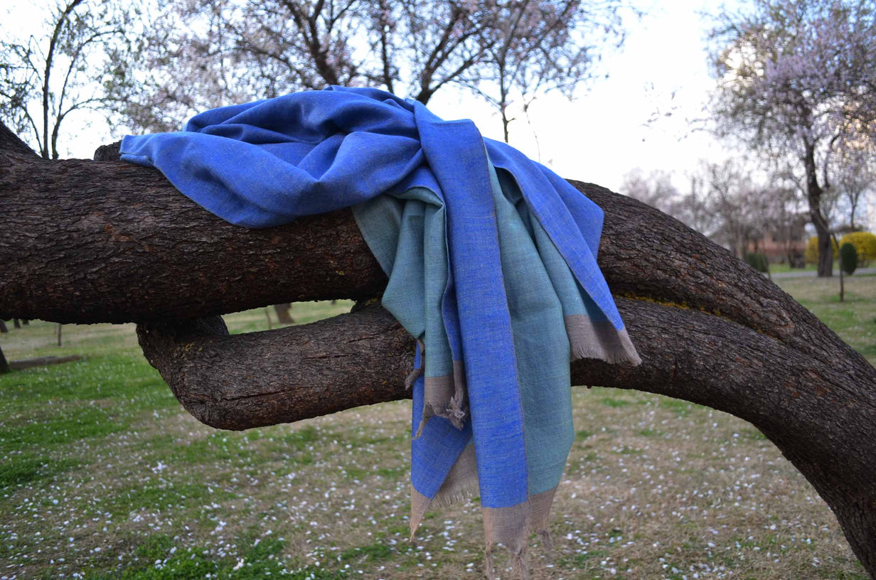 Reversible Turquoise and Blue Handwoven Cashmere Pashmina Shawl