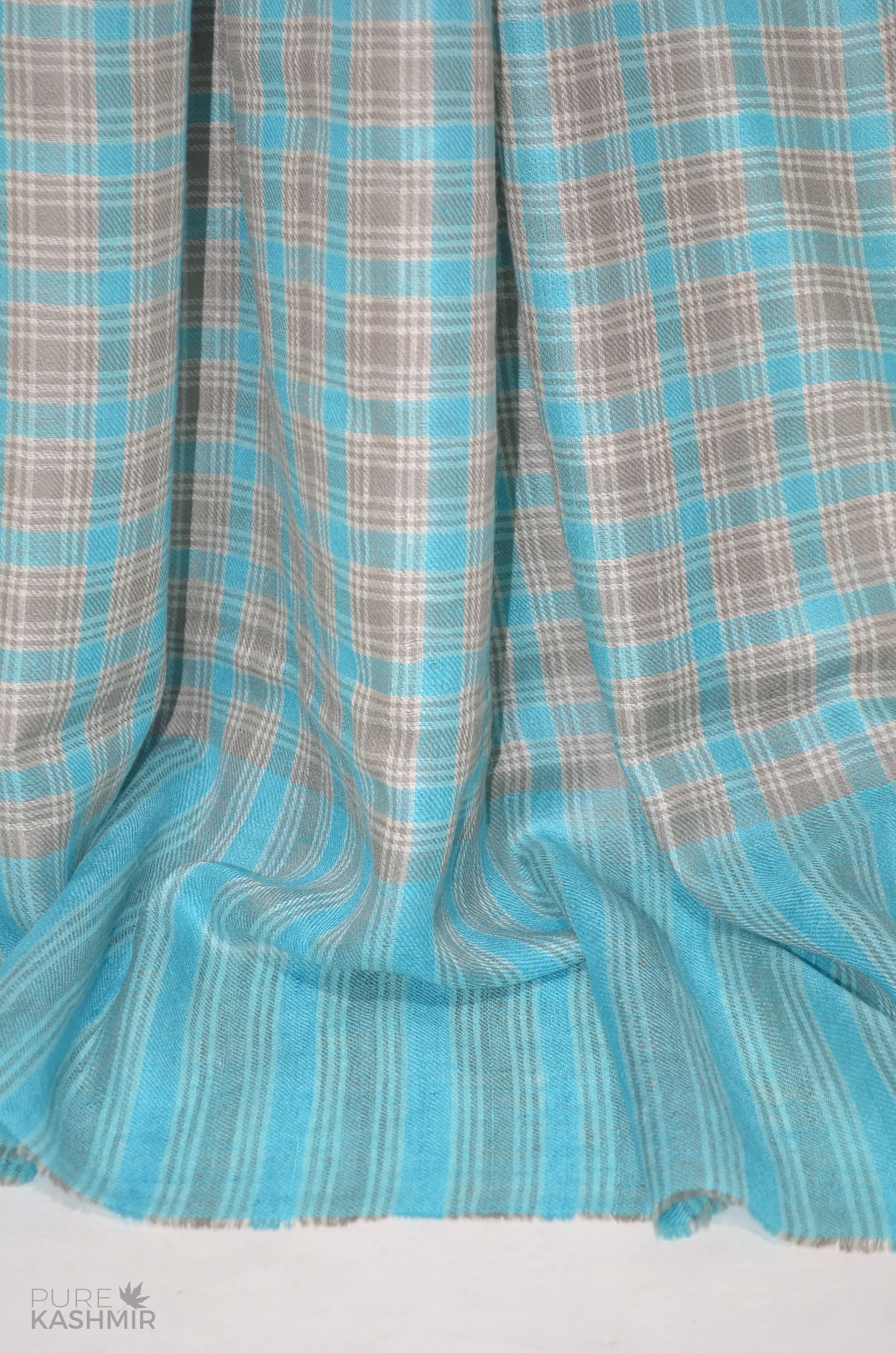 Turquoise and Grey Check Cashmere Travel Wrap