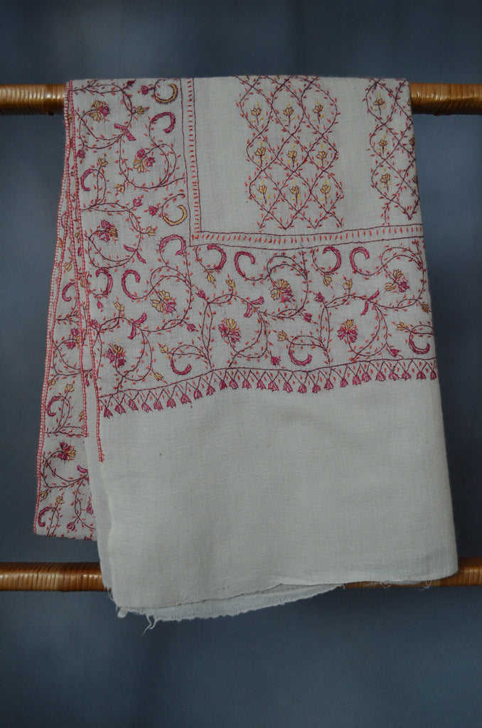 Ivory Jali Sozni Embroidery Merino Wool Stole