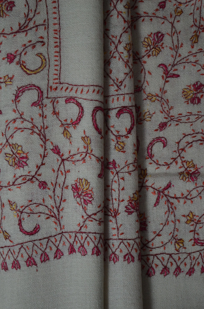 Ivory Jali Sozni Embroidery Merino Wool Stole