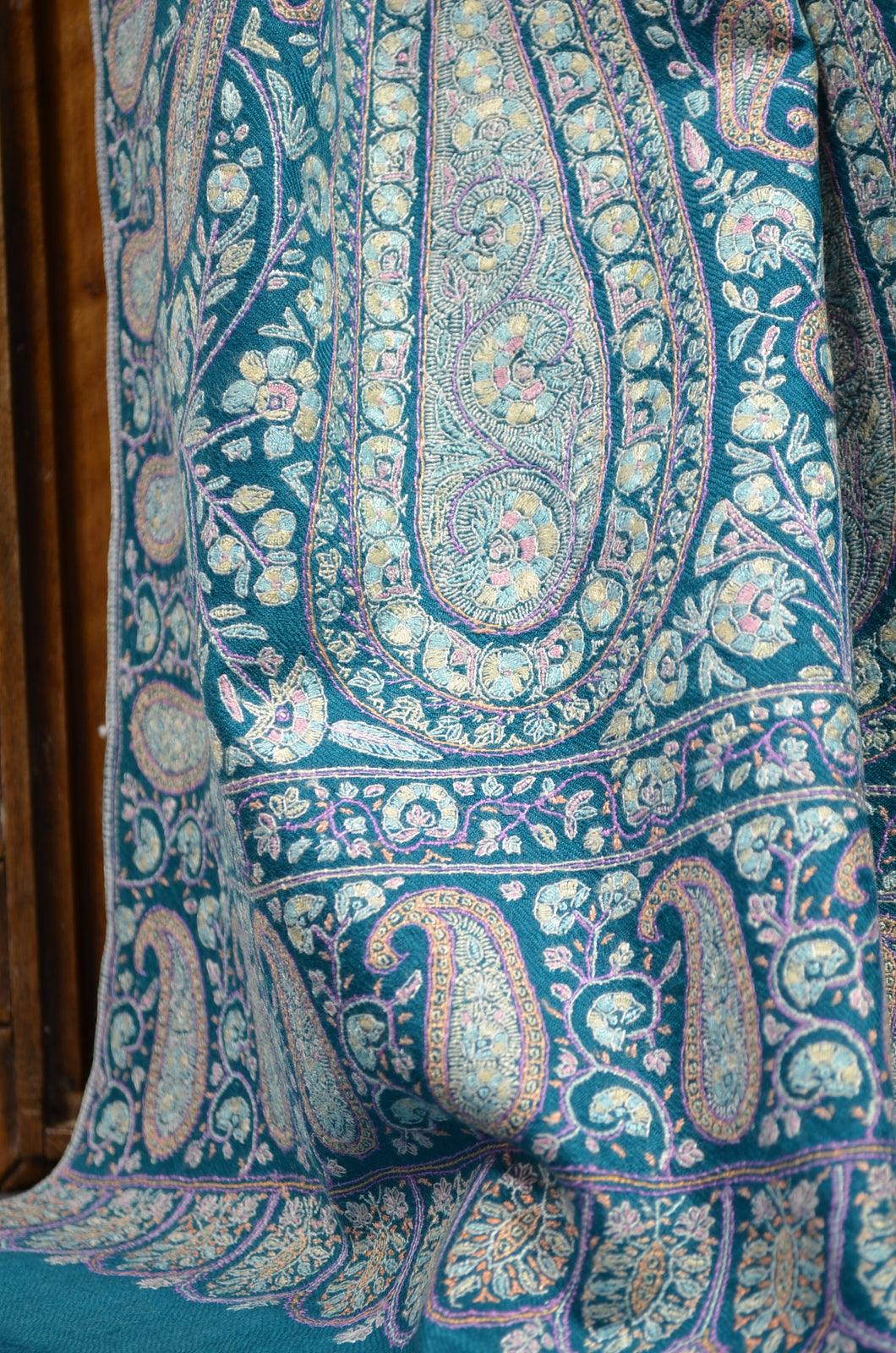 Aqua Green Jamawar Embroidery Pashmina Shawl