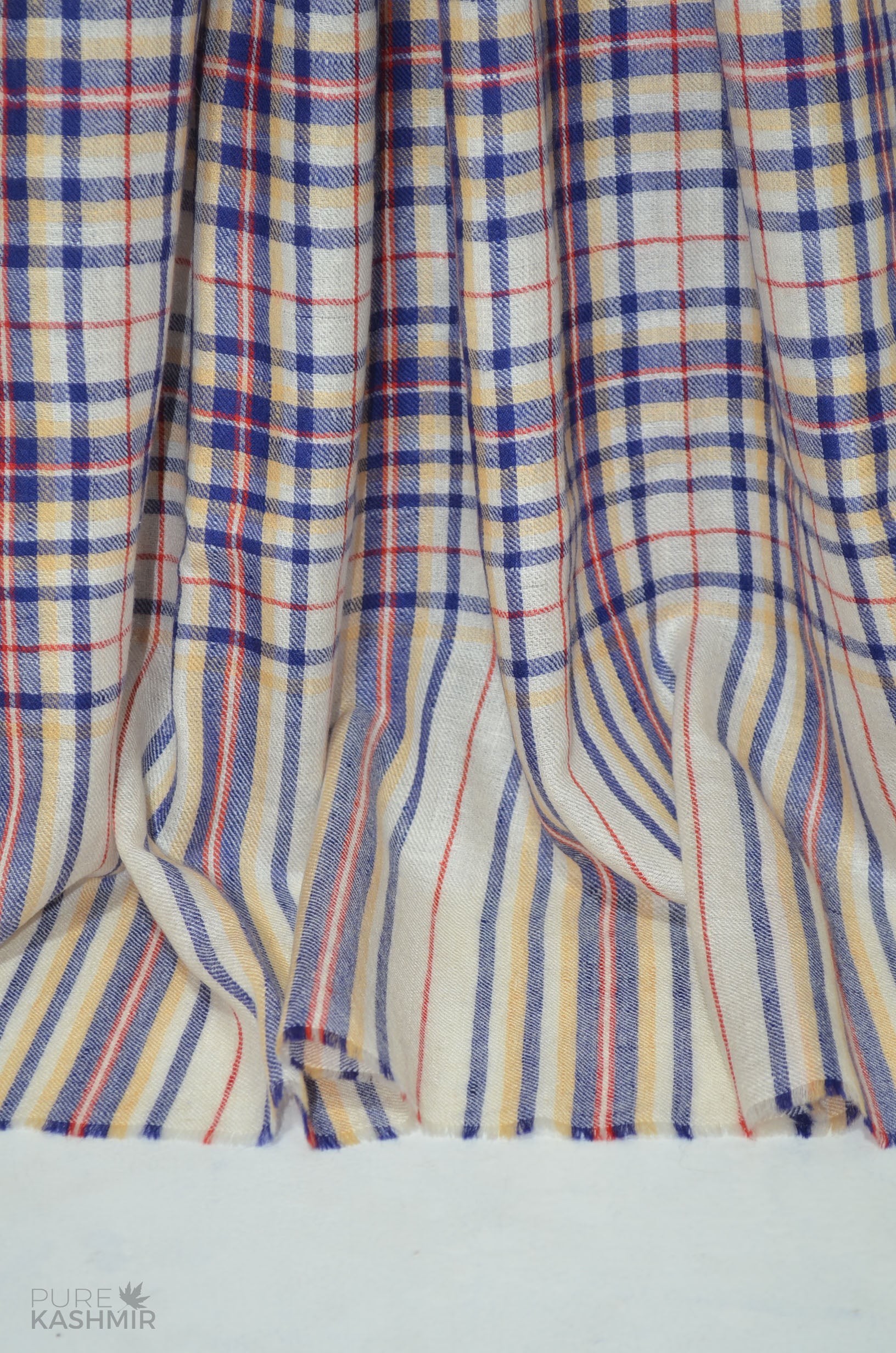 Ivory Blue Check Cashmere Travel Wrap