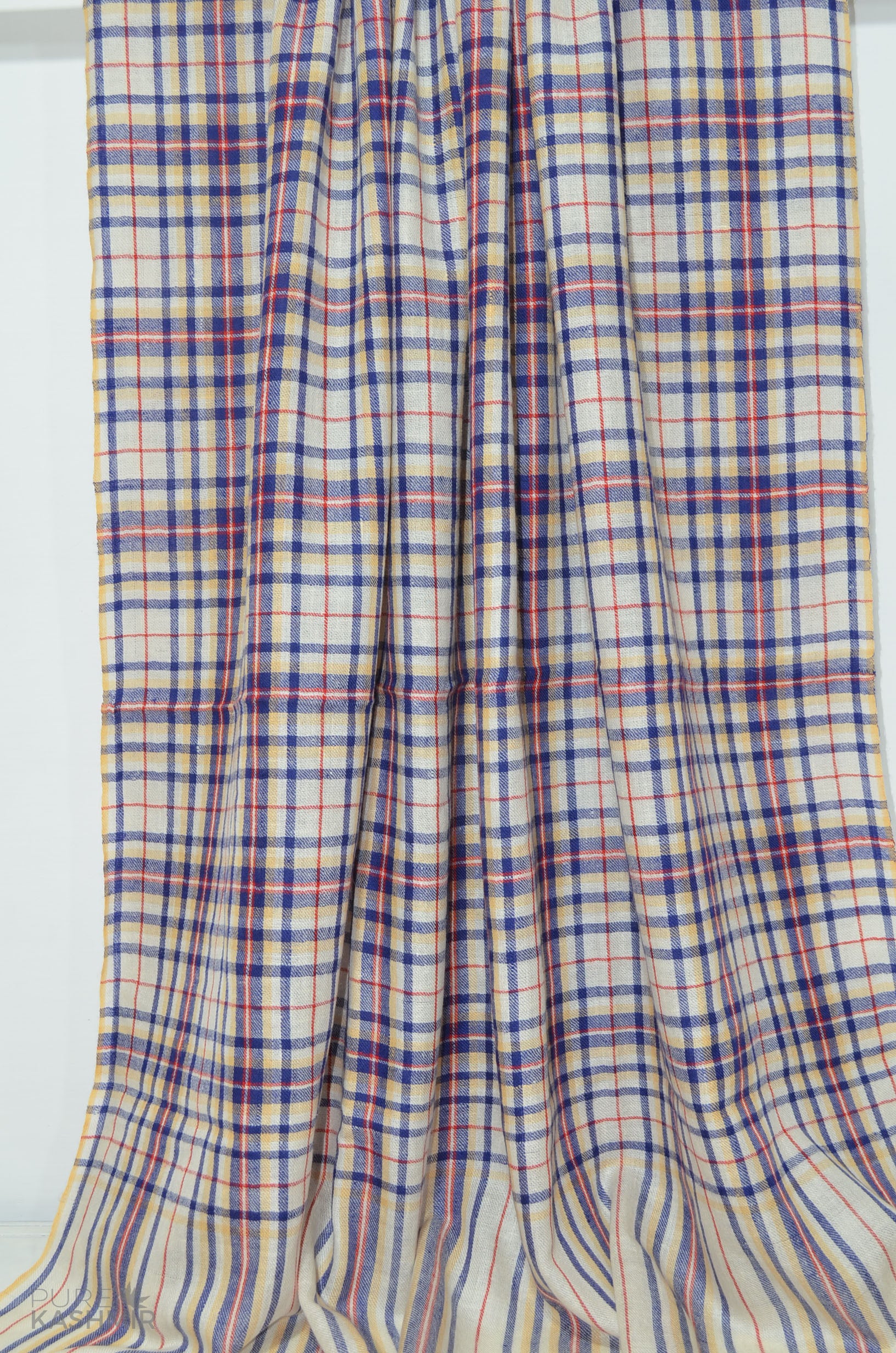 Ivory Blue Check Cashmere Travel Wrap