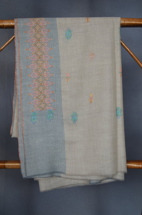 Un Dyed Natural Border Embroidery Cashmere Pashmina Shawl