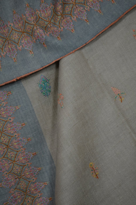 Un Dyed Natural Border Embroidery Cashmere Pashmina Shawl